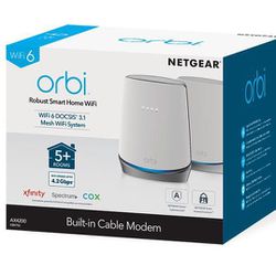 AX4200 WiFi Mesh System   “(CBK752)”  Orbi Tri-Band WiFi 6 Mesh System with Built-in Cable Modem, 4.2Gbps, Modem Router Combo, 1 Satellite , 1yr armor