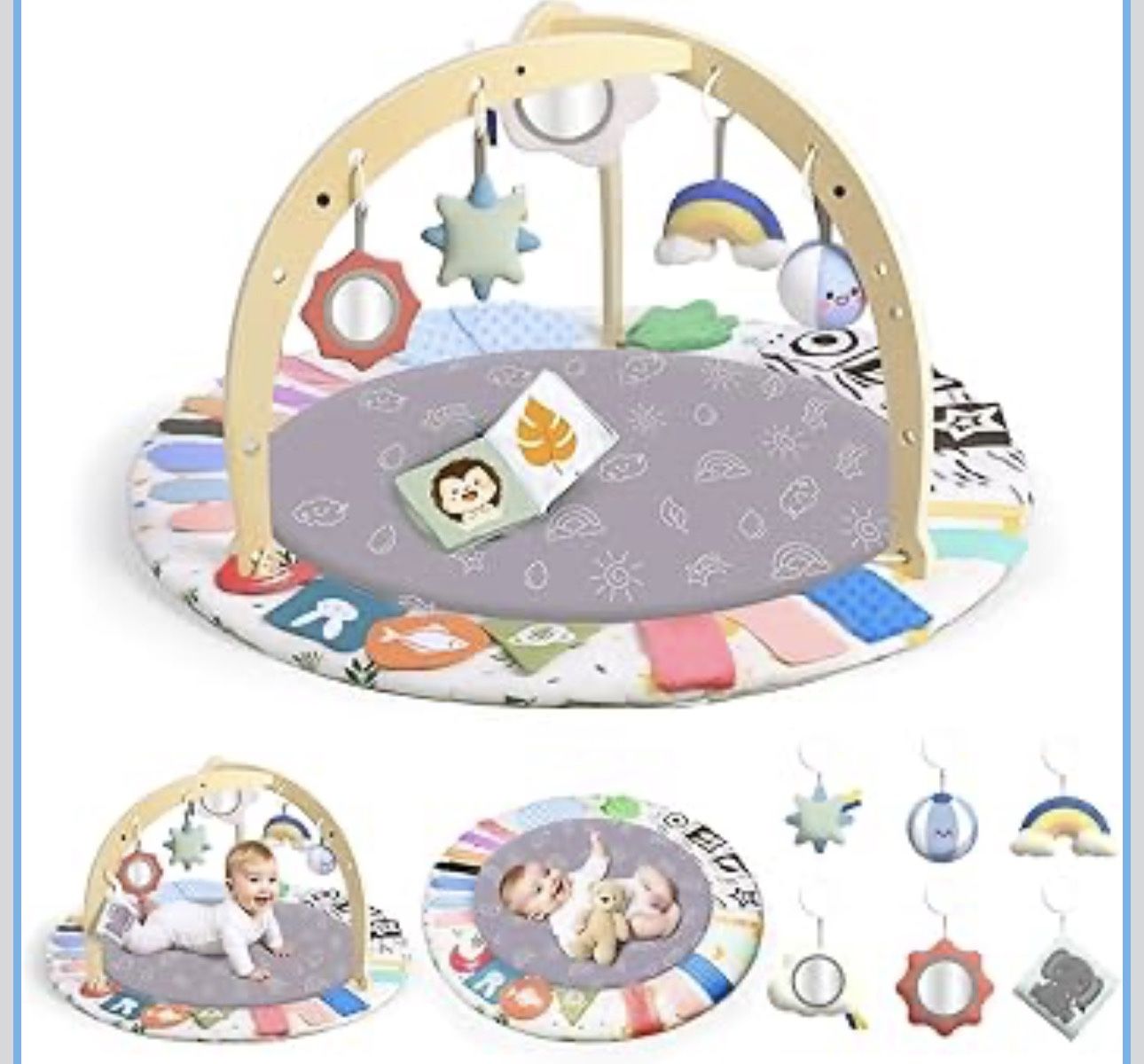 New-Baby Play Gym Activity Mat, WOOD CITY Tummy Time Play Mat for Babies 0-6 Months with 6 Detachable Newborn Infant Toys, Promote Motor Skills & Sens
