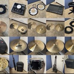 LARGE LOT OF CYMBALS/DRUMS/MUSIC GEAR 