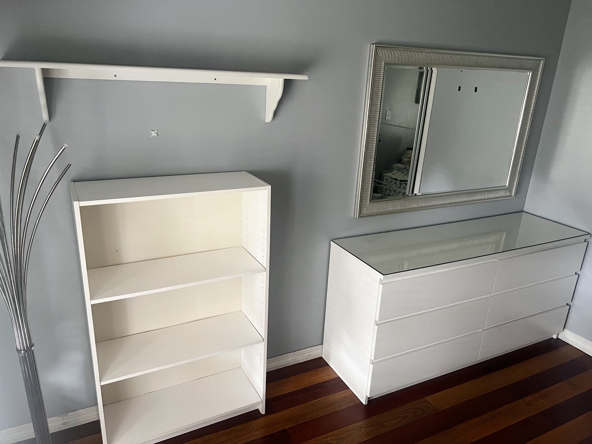 All White Dresser with glass Top. INCLUDING Mirror, Storage Shelves, And Wall Shelf. 