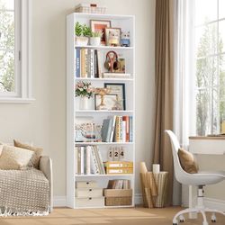 6 Tier Tall Bookshelf and Bookcase, Wooden Bookcase Display Shelf for Living Room Home Office Library Storage, White