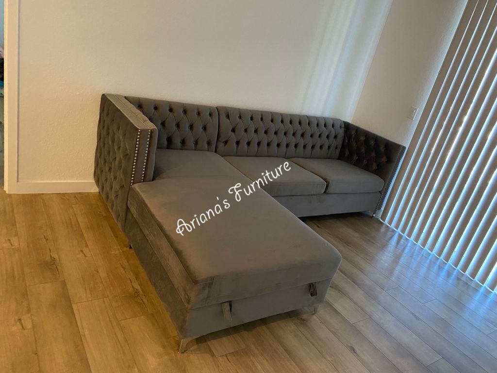 New Grey Velvet Sectional With Storage