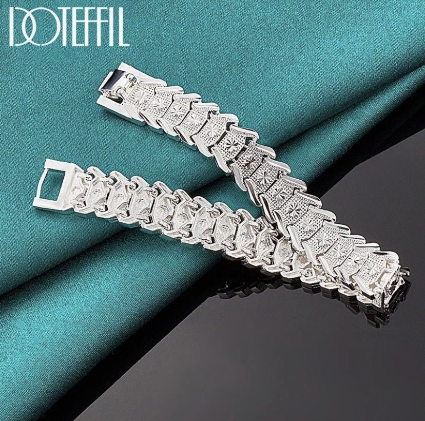 925 Sterling Silver Wide Wristband Bracelet Chain For Women Man Wedding Engagement Party Fashion Jewelry Length: 20 cm Pin Brooch Jewelry Ea