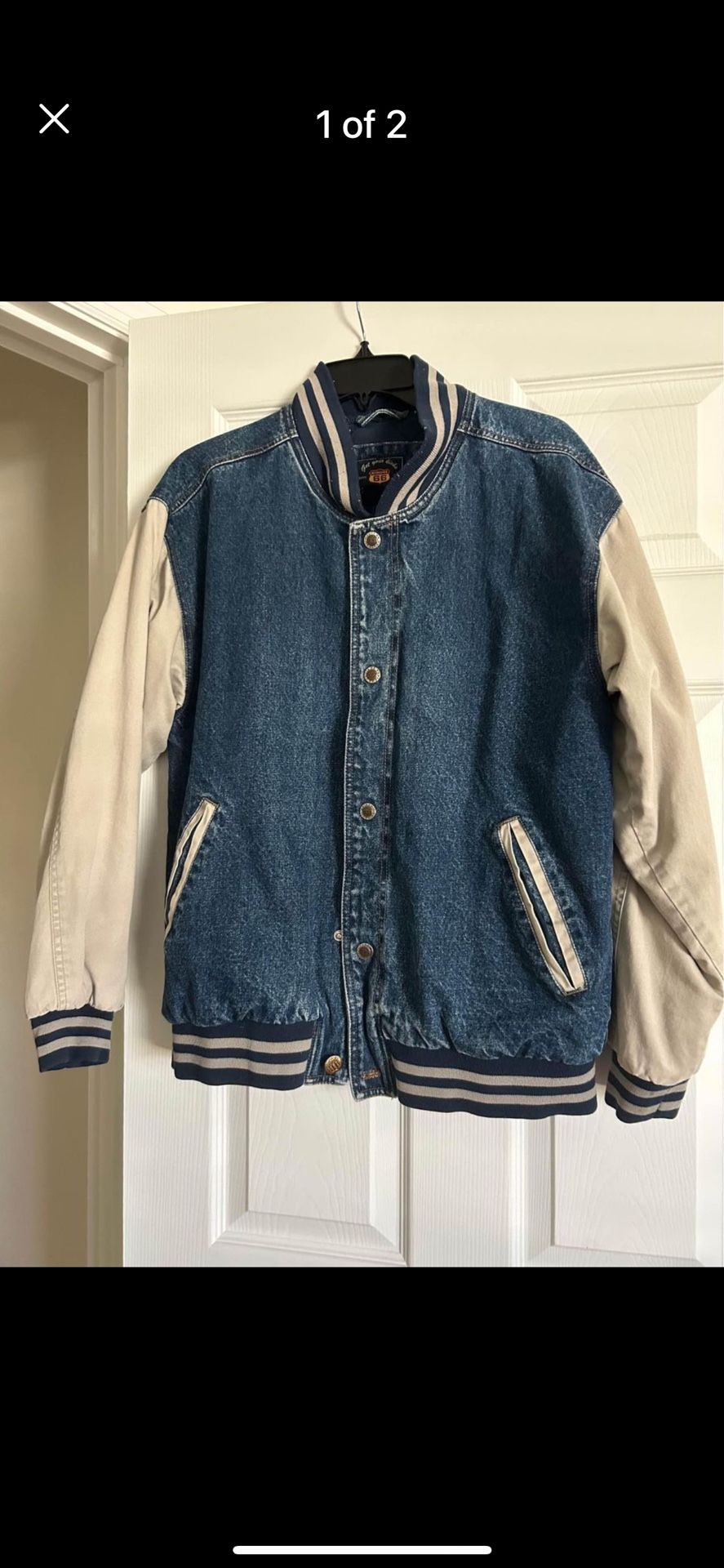 Denim Varsity Jacket with Kaki Sleeves, size S. Good condition