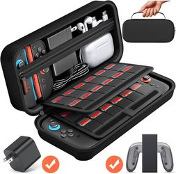Switch Carrying Case Compatible with Nintendo Switch 2 - Fits Official AC Adapter - with 24 Games Cartridges Protective Travel Carrying Pouch for Cons