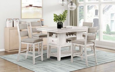 Modern farmhouse style counter height dining set in antique white finish