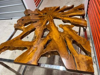 Teak root slab coffee table stainless steel frame