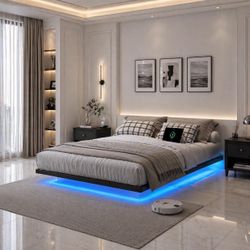 FULL SIZE Floating Bed Frame, Heavy Duty Bedframe with Smart LED Lights & Charging Station,
