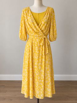 Yellow Floral Wrap Midi Dress