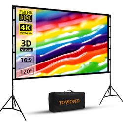 Projector Screen and Stand, Towond 120 inch Portable Projector Screen Indoor Outdoor Movie Screen 16:9 4K HD Wrinkle-Free Lightweight Projection Scree