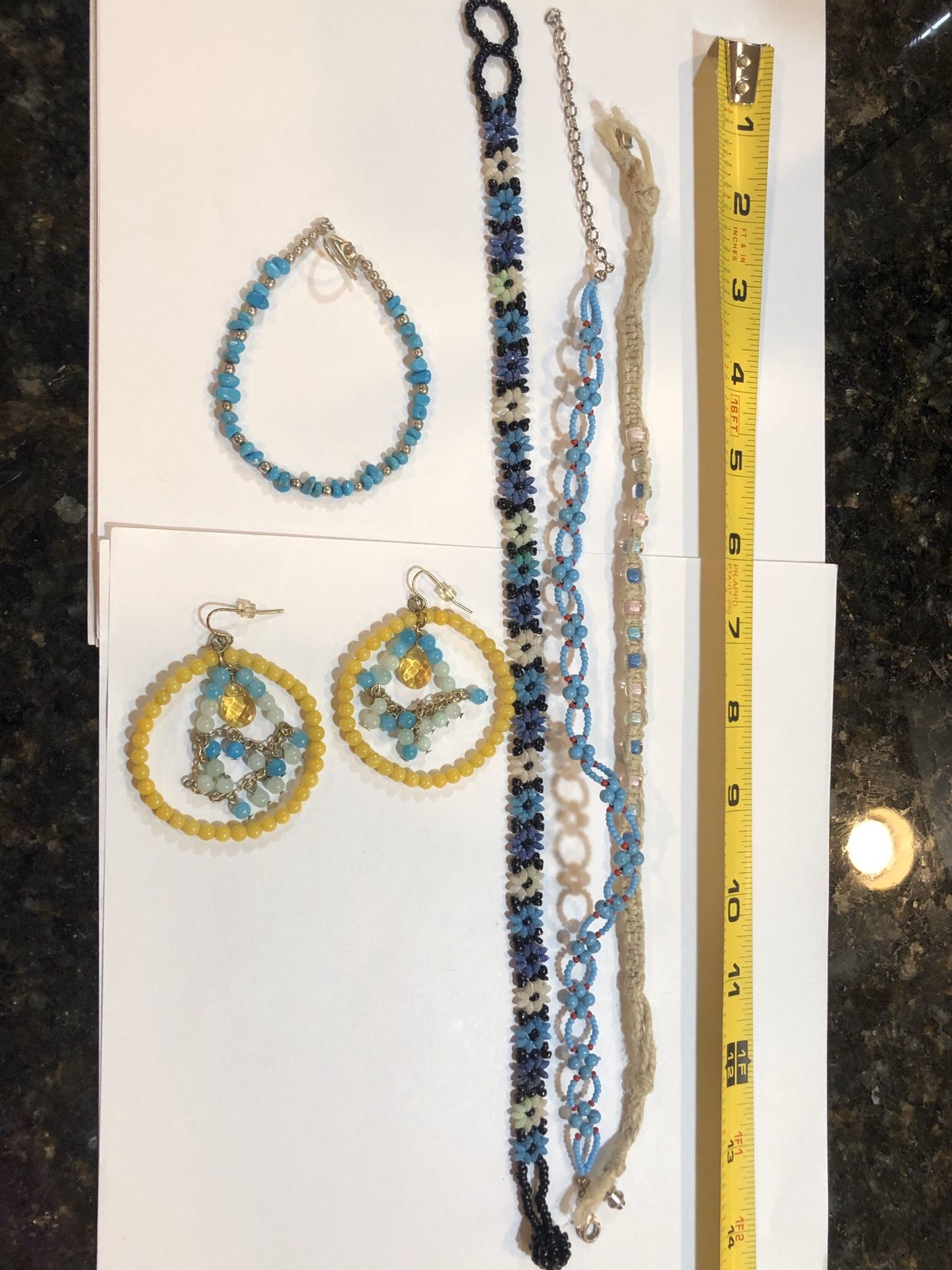 Blue and yellow boho earrings choker necklaces and bracelet lot