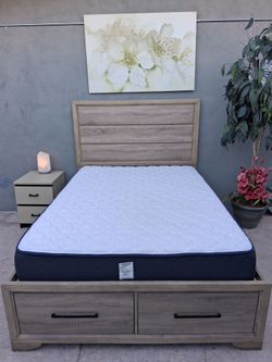 Full-size bed set, used but in good condition. Includes nightstand, bed frame, and mattress—all very clean.