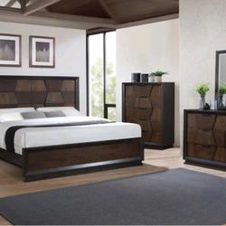 Bedroom Set 4pcs Queen Size Color Dark Walnut 
