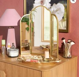 Beautiful Trifold Adjustable Vanity Mirror by Drew Barrymore, 3-Way Arched Gold Frame, Large Gold Ba