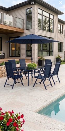 8-Piece Outdoor Patio Dining Set with Tilting Umbrella, Glass Table, & Folding Chairs