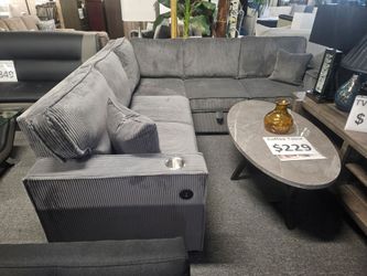 BRAND NEW 90" X 90" GRAY CORDUROY SECTIONAL WITH SOFA SLEEPER AND STORAGE CHAISE