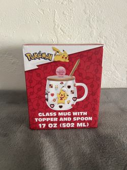 Pikachu Glass Mug With Topper & Spoon