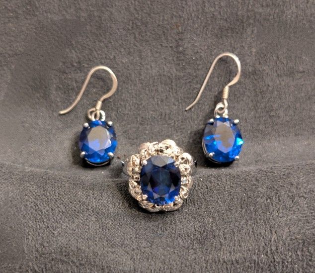 Oval Cut Sapphire w/Rhinestones 5.5 Ring+2Dangle Hanging Earring Jewelry Set New