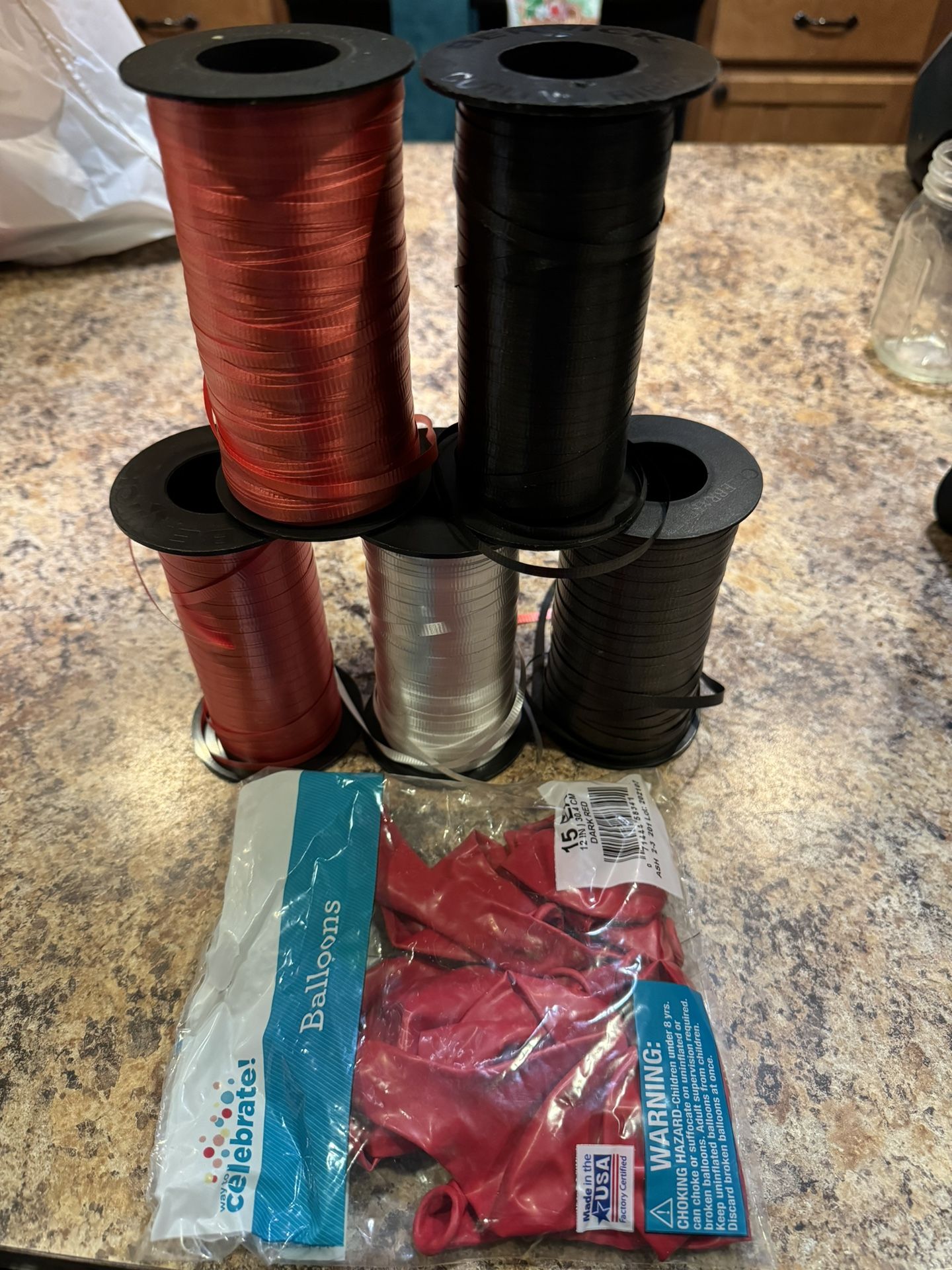 15 Red Balloons & 6 Rolls Of String - Red, Black & White $3 For All - Birthday / Party Supplies
