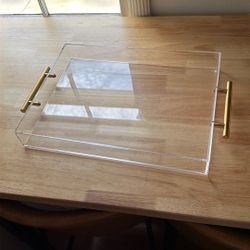 12"x16" Clear Acrylic Serving Tray with Golden Handles, Sturdy Huge Capacity Acrylic Tray for Coffee, Juice, Kitchen and Desk Organizer, Storage Tray 