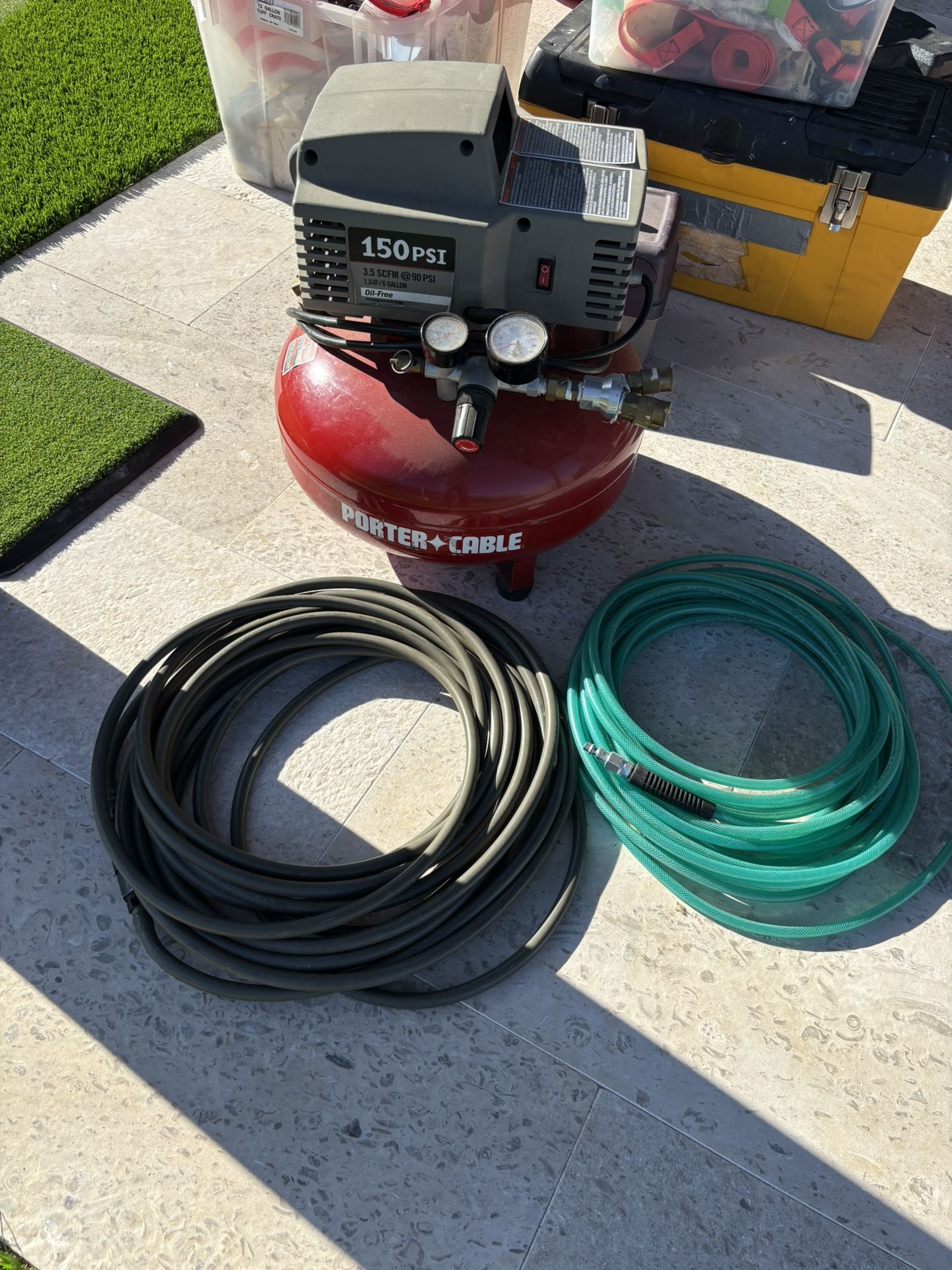 Porter Cable Air Compressor 6 Gallon 1.5HP 3.5 SCFM, With Two 50ft Hoses
