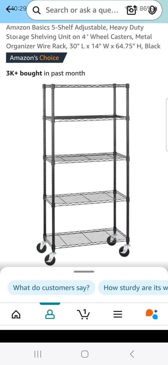 Metal storage shelving 30"L x 14"W x64.75"H. Black wire racks.
Casters not included