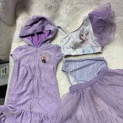 Disney Princess Elsa Rare 4pc Swim Suit With Tulle Skirt And Terry Hoodie Swim Cover Size 4T