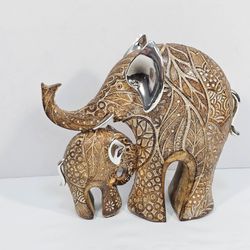 Mother & Baby Elephant Figurine Faux Carved Wood Silver Ears Trunk Up Good Luck