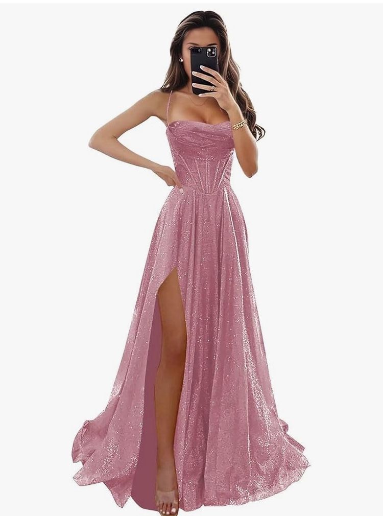Corset Prom Dresses Long for Women Sparkly Glitter A Line Spaghetti Straps Formal Evening Dress Wedding