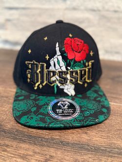 Top Level Snapback Hat "Blessed" Skeleton Hand Red Rose, Flora. - Brim Black Cap