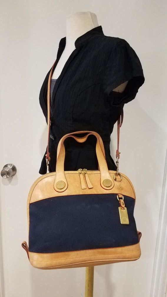 DOONEY AND BOURKE TAN AND BLUE HOBO DOCTOR BAG SHOULDER STRAP LEATHER CANVAS