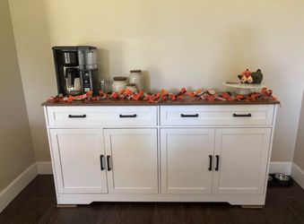 White Sideboard Buffet Cabinet with Wood Top