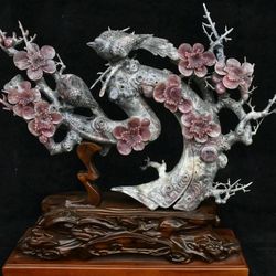 Exceptional 14.4" Chinese Natural Xiu Jade Magpie & Plum Tree Sculpture