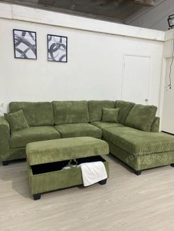 3 Piece Corduroy Sectional Couch w Storage Ottoman