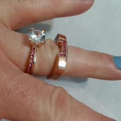 Double Gold Tone Square Ring With A Large Clear Stone And Tiny Pink Ones