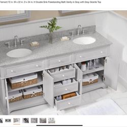 Home Decorators Collection 72 in. W White Double Vanity with Gray Granite Vanity New Open Box Retail $1200 Wt Tax Here $900 No Tax Here You Savings $3