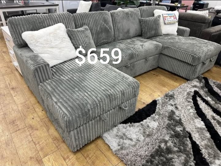 Sectional Sofa With Pullout Bed & Storage Grey Corduroy