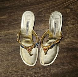 Manolo Blahnik Cesabi Gold Jeweled Sandals size 37 - 6.5
