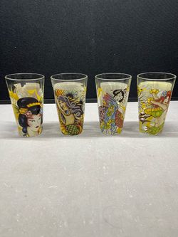 Set of 4 Ed Hardy Christian Audigier Highball Glass Mix Set Mermaid Dragon