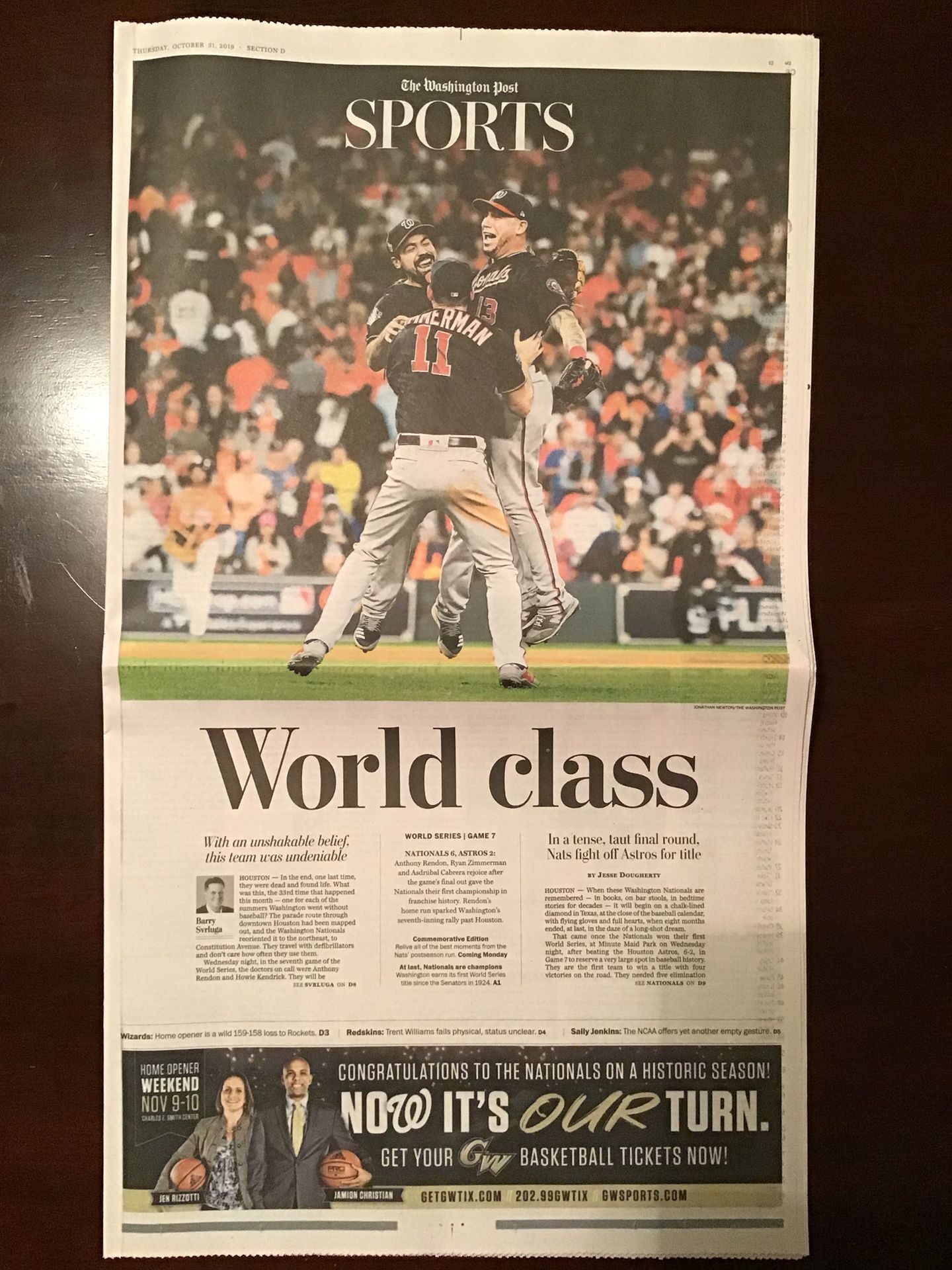 Washington Post Washington Nationals World Series Commemorative Collectible Newspaper