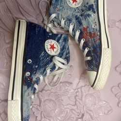 Converse Chuck Taylor All Star High Top Sneakers Blue/White Stonewashed with Red/Gray Paint Splatter
