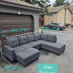 Free Delivery | Gray 3 Piece Tufted Fabric Sectional Sofa with Storage Ottoman