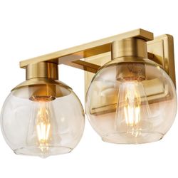 PAZALA 2 Light Brass Bathroom Vanity Light Fixtures Wall Sconce 13 in Brushed Brass Finish Globe Glass,1698-2-JS