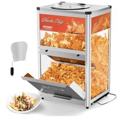 Nacho Chip Warmer, Nacho Machine Countertop Food Warmer Display Case with Warming Light, Glass Door, Scoop & Removable Deflection for Nacho Chips Stai
