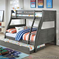 Twin/Full/Twin Antique Gray Hoover Collection Bunk bed w. Orthopedic Mattresses Included 
