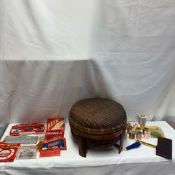 Vintage (1930s/1940s) Chinese Woven Bamboo Footed Sewing Basket & Vintage Sewing Notions