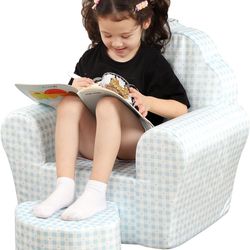 New Kids Sofa Chair With Ottoman Soft Blue Set 