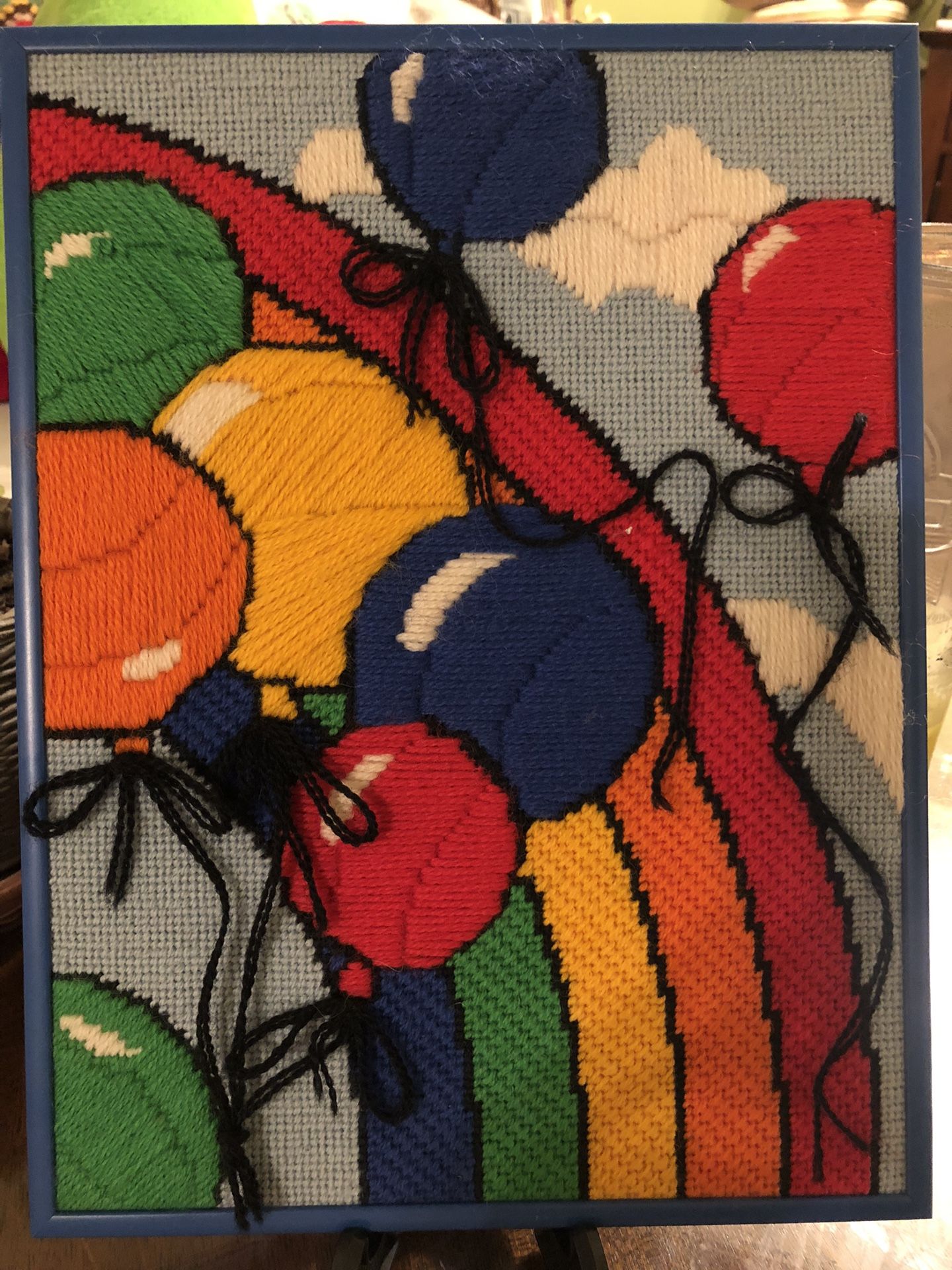 1980’s Framed Needle point Rainbow & Balloons 9.75 x 12