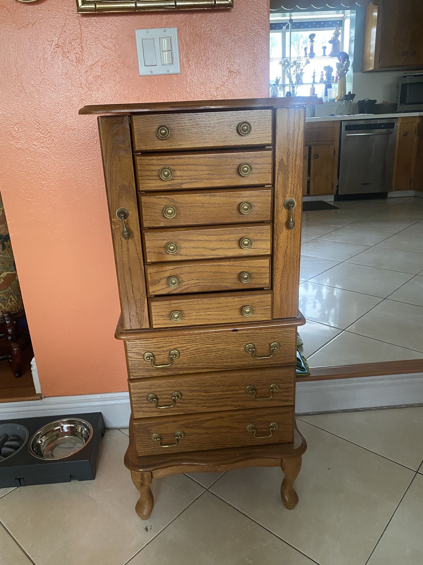 Elegant Oak Jewelry Armoire with Red Velvet Interior