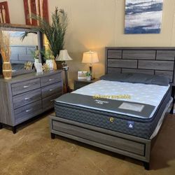 Gray Panel Bedroom Set, Bed, Dresser, Mirror, Nightstand// Mattress Sold Separately 